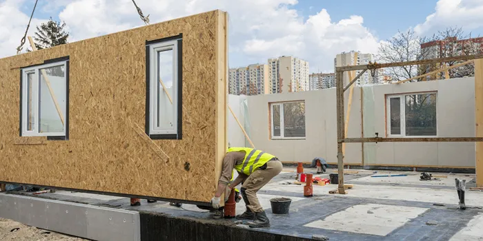 تصویری از مصالح ساختمانی پیش ساخته در حال قرارگیری در سازه