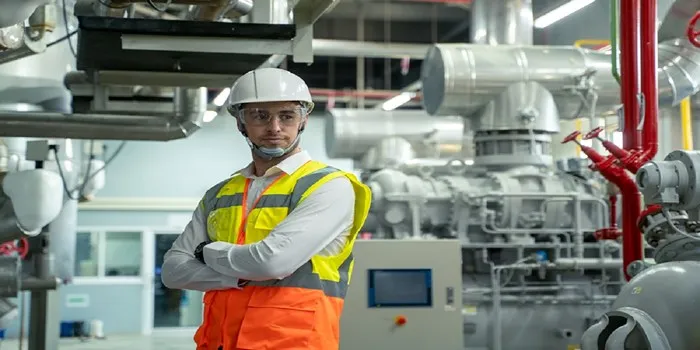 قیمت اجرای تاسیسات مکانیکی _ تصویری از یک فرد با لباس کار و کلاه ایمنی