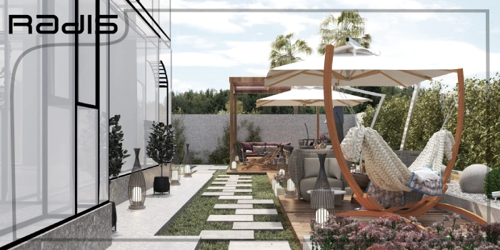 طراحی فضای سبز باغ آرایی و محوطه سازی _ تصویر محوطه بیرونی ویلایی مدرن که ننو و الاچیق در آن وجود دارد.