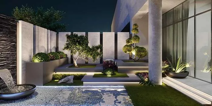 طراحی فضای سبز باغ آرایی و محوطه سازی _ تصویری از فضای بیرونی یک ویلا که فضای سبز و حوض آن به زیبایی کار شده است.