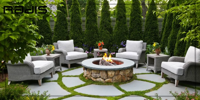 اصول طراحی فضای سبز + 4 نکته مهم _ تصویری از محوطه بیرونی یک ویلا با فضای سبز زیبا و مبلمان راحتی سفید