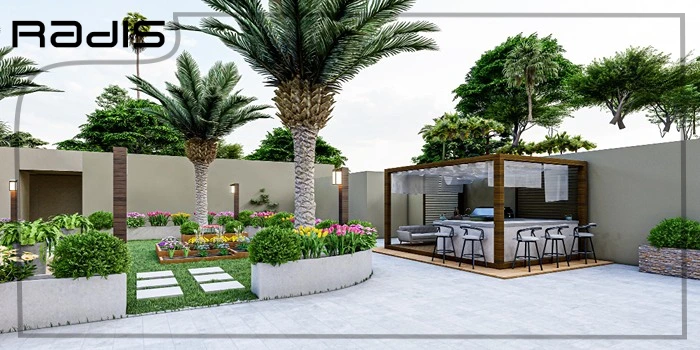 0 تا 100 محوطه سازی ویلا با کمترین هزینه _ تصویری زیبا از محوطه بیرونی ویلایی با آلاچیق و درخت نخل