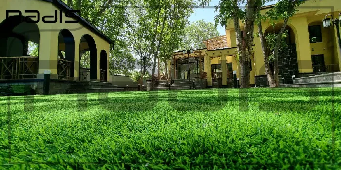 تصویری از چمن سرسبز در فضای بیرونی یک ویلا