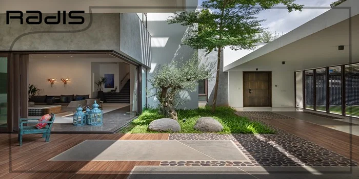 طراحی کف حیاط ویلا | 11 ایده جدید _ کف حیاط ویلای مدرن با سنگ و چوب و چمن